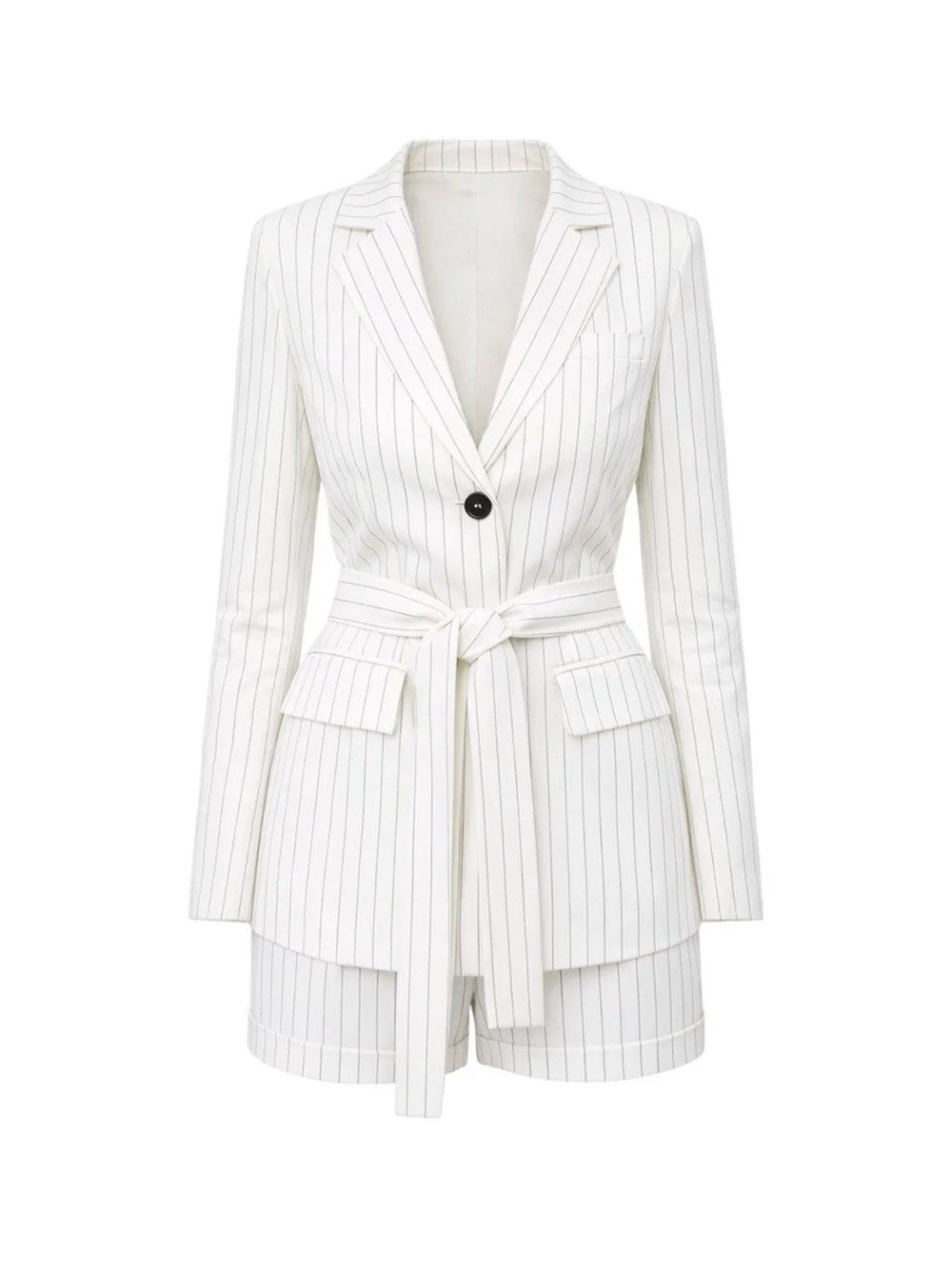 White Pinstripe Tailored Belted Blazer and short set.